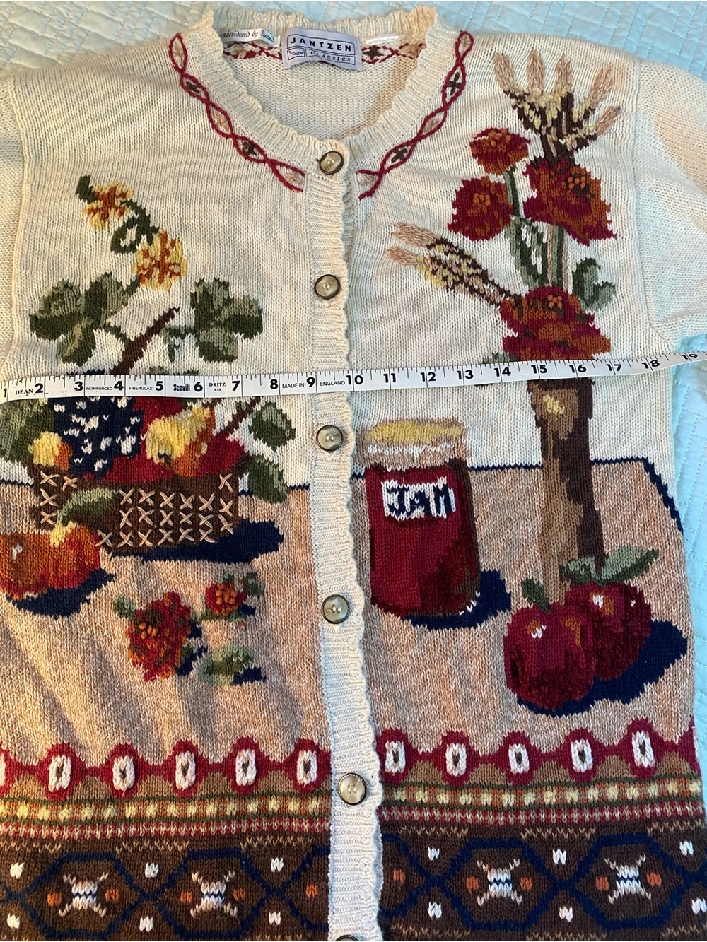Jantzen Cream Multicolor Floral and Still-Life Intarsia Cardigan Size M - Picture 3 of 8